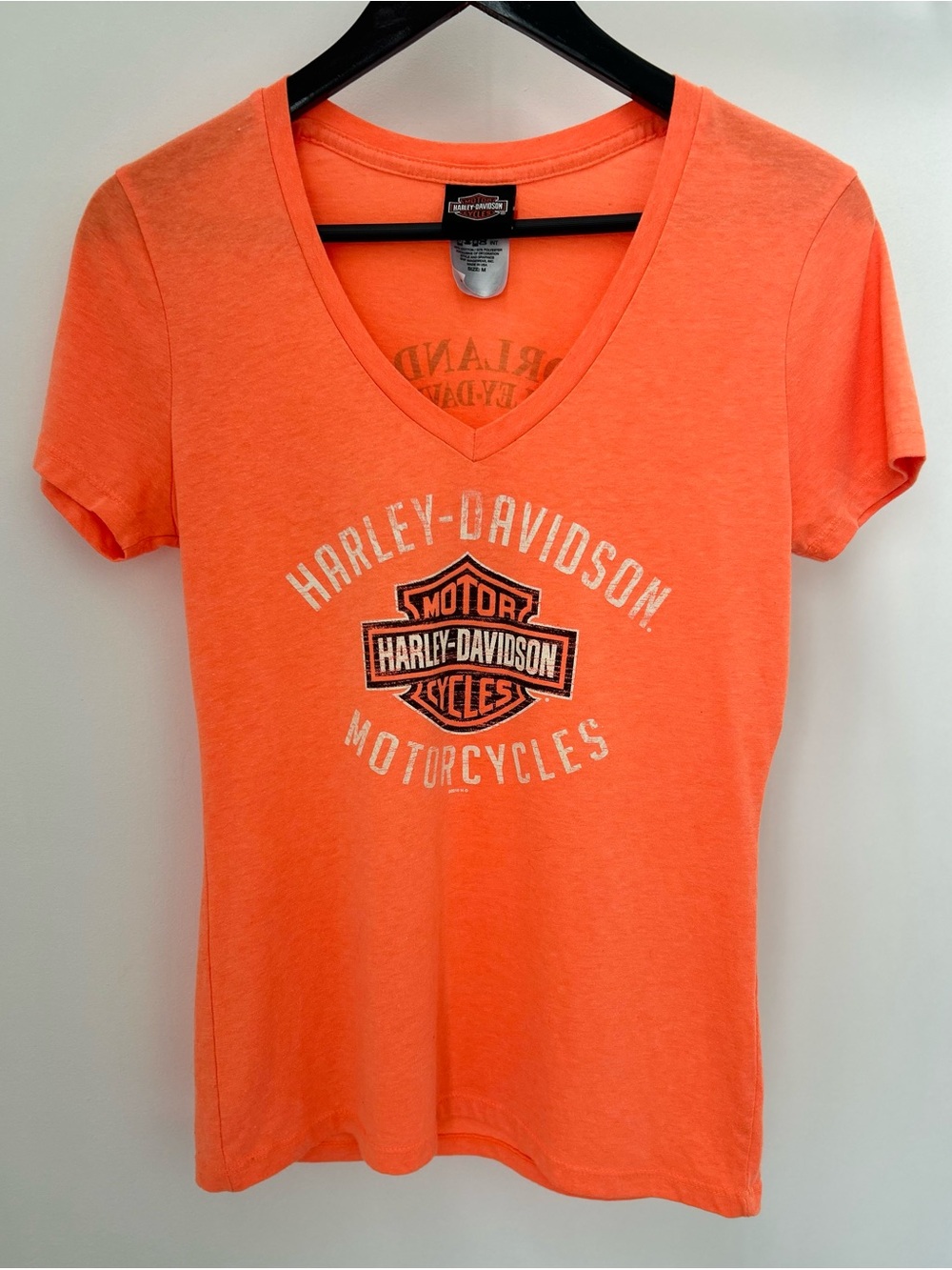Harley Davidson Orlando Florida Orange V-Neck Graphic Tee T-Shirt Size M